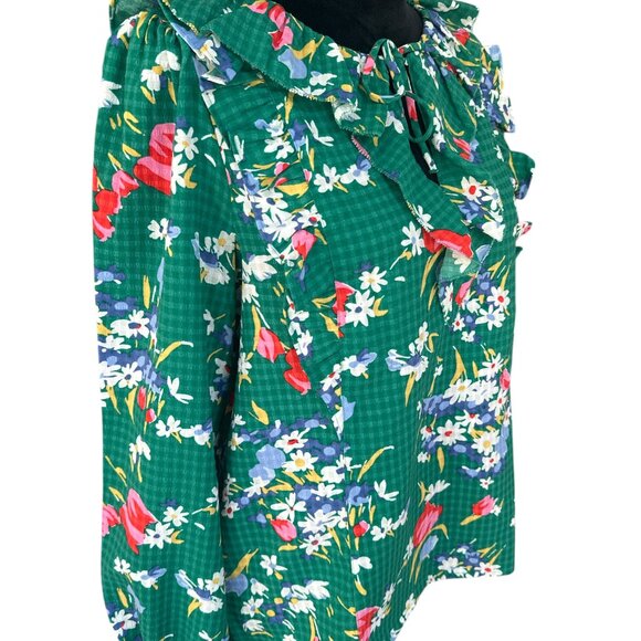 LOFT NWOT Medium Green Checked Floral Long Sleeve Ruffle Tie Blouse - Picture 5 of 5